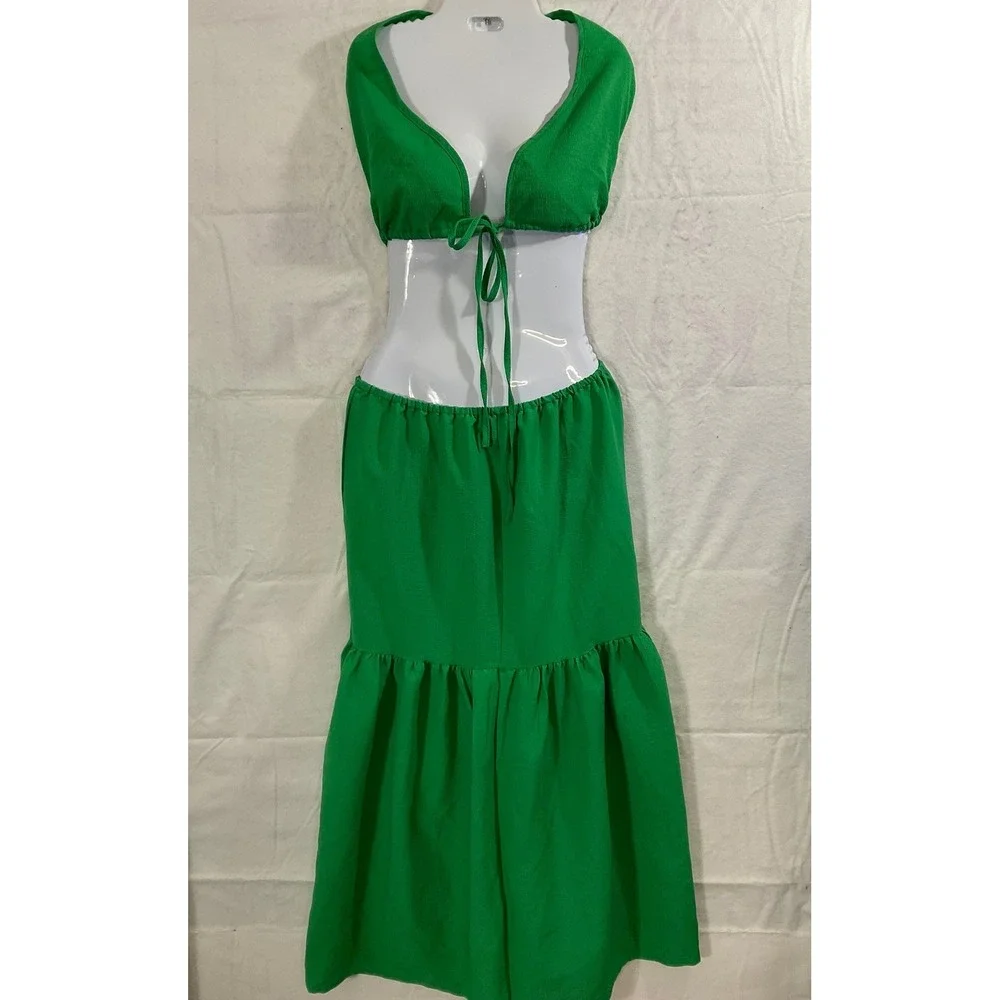 SHEIN Two Piece Skirt Set Womens XL Green Tiered Maxi Crop Top Boho Vacation Set